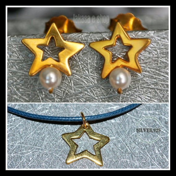 SET Stars Freshwater Pearls Jewelry Earrings Necklace Sterling Silver Gold plated Fine Greek Art Best Gift Mother day Anniversary Luck Star