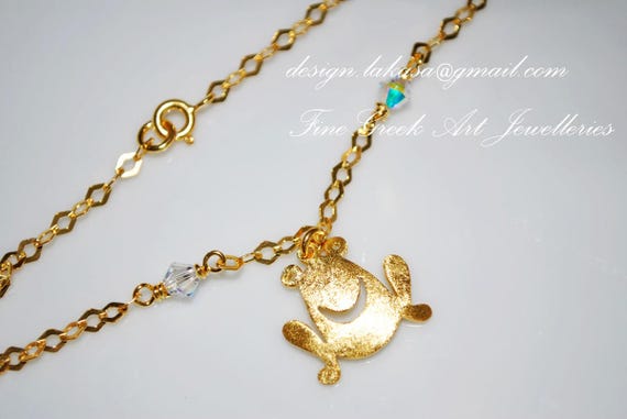 Frog Bracelet Sterling Silver Gold plated Jewelry Fine Greek Art Swarovski Crystals Chain Best Ideas Gifts Woman Girlfriend Love Luck Trust