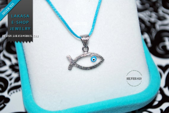 Fish Necklace Enamel Blue Eye Sterling Silver white Gold plated Religious Handmade Jewelry Birthday Shower Day Baby Boy Girl Baptism Newborn