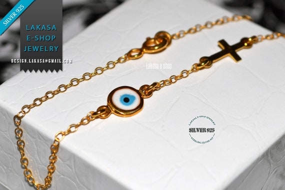 Chain Εnamel Εye & Cross Βracelet Silver 925 Gold-plated Handmade Jewelry Best Ideas Gifts Newborn Baby Boy Girl Unisex Woman Birthday