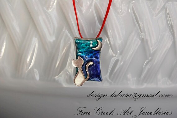 Necklace Cat Moon Silver 925 White Gold-plated Enamel Jewelry Lakasa e-shop Best gifts ideas for her birthday anniversary for ever friends