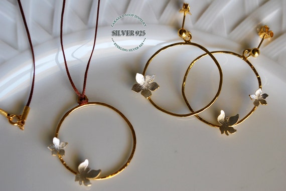 Set Jewelry Flower Butterfly in circle Earrings Necklace Sterling Silver Gold plated Fine Greek Art Best ideas Gift Mother Wife Anniversary