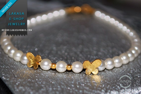 Butterfly Pearls Bracelet Silver 925 Gold-plated Handmade Jewelry Best Gift Ideas for her Girlfriend Birthday Friendship Love Hope
