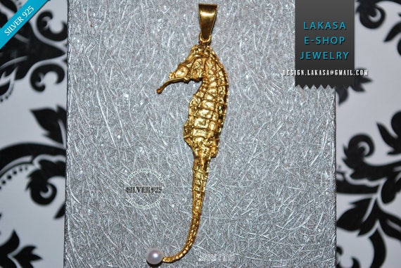 Pearl Sea Horse Ippocampus Sterling Silver Gold Pendant Handmade Greek Jewelry Unisex Men Women Marine Hope Freedom Beautiful Summer Greece