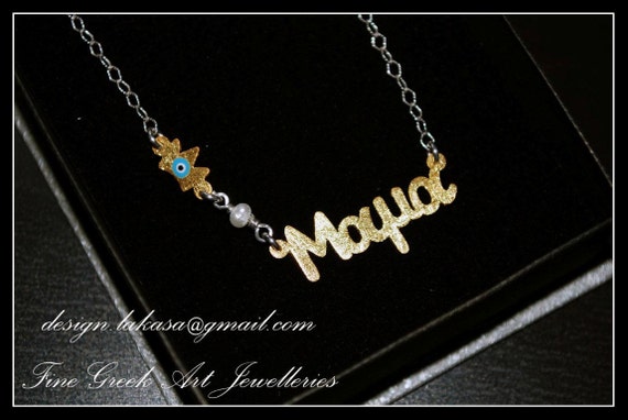 Handmade Necklace Sterling Silver Gold plated Chain “mama” Blue Enamel Crown Freshwater Pearl Fine Greek Art Jewelry Mother Day Newborn Baby