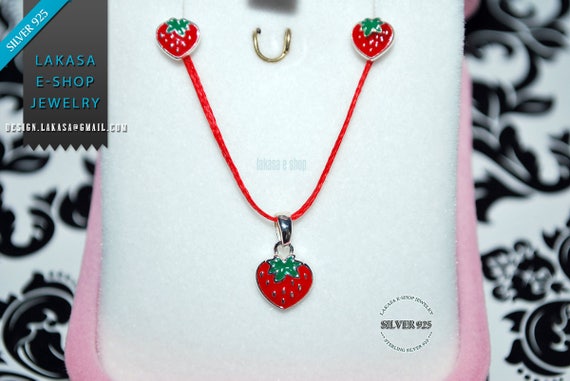 BEST Price Juicy Strawberry Red Enamel Set Jewelry Necklace Earrings Sterling Silver Girl School Moda Kids Collection Sale OFFER