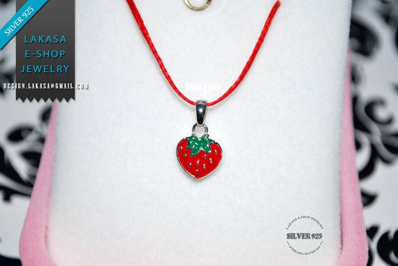 Juicy Strawberry Red Enamel Jewelry Necklace Sterling Silver Girl School Kids Collection Moda Summer Spring Fun Color Fruit Cool Gift idea