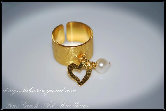 Chevalier Ring Heart with Pearl Sterling Silver Gold plated One Size Handmade Jewerly Fine Greek Art Valentine Gift Love Woman Anniversary