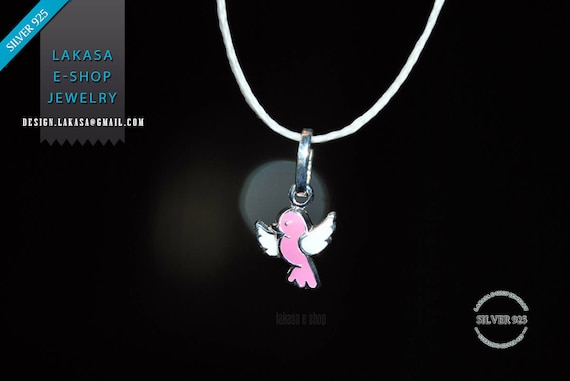 Bird Pink Enamel Necklace Sterling Silver 925 Jewelry for Girls Moda Fun Color Best Gift ideas for her Cute Animal Birthday party tweets