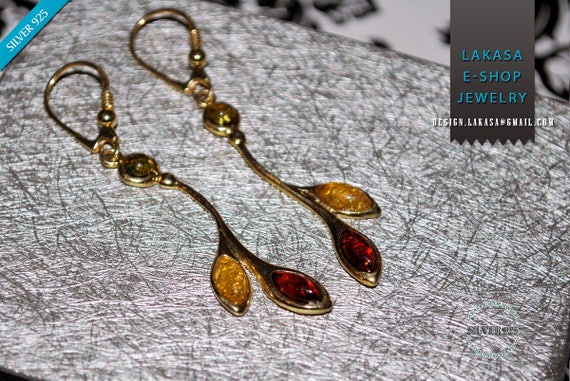 Baltic Amber Earrings Sterling Silver 925 Gold plated Jewelry Leaves and Regeneration Best Ideas Gift Woman Natural Gemstones Free Shipping