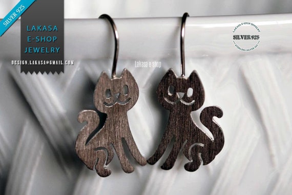 Cat Earrings Silver 925 white Gold-plated Handmade Jewelry Fine Greek Art Best Gift Ideas for her Birthday Girl Woman Anniversary Catlovers