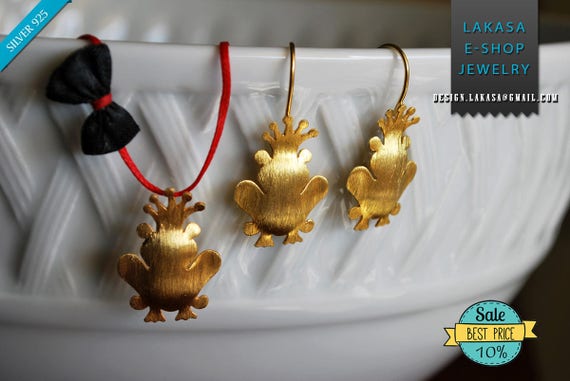 SALE Set Frog Prince Crown Earrings Necklace Sterling Silver Gold plated Handmade Jewelry Greece Gift ideas Anniversary BEST PRICE offer