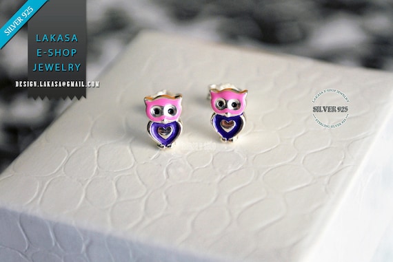 Heart Owl Enamel Jewelry Stud Earrings Sterling Silver Girl School Kids Moda Color Purple Pink Gift idea Woman Girlfriend Birthday Party Fun