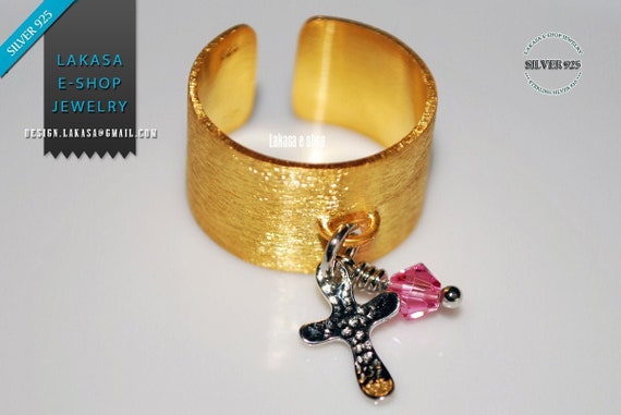 Ring Chevalier Silver 925 Gold-plated Cross Charm with Pink Swarovski Crystal Religious Jewelry Handmade Greek Art Woman Gift Ideas