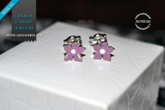 Purple Enamel Flower Studs Earrings Silver 925 white Gold-plated Handmade Jewelry