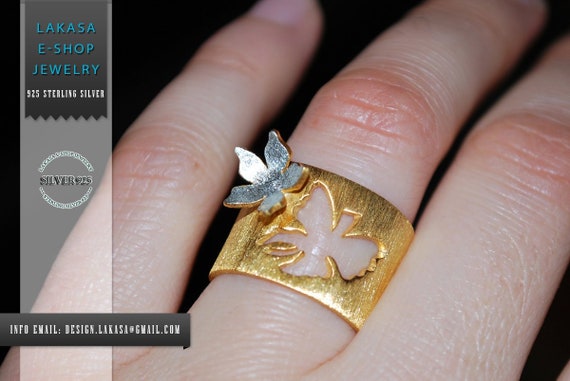 Ring Silver 925 Gold-plated Handmade Jewelry Butterfly Flower Floral Design Anniversary Best Ideas Gifts For Her Woman Mother's Day Love