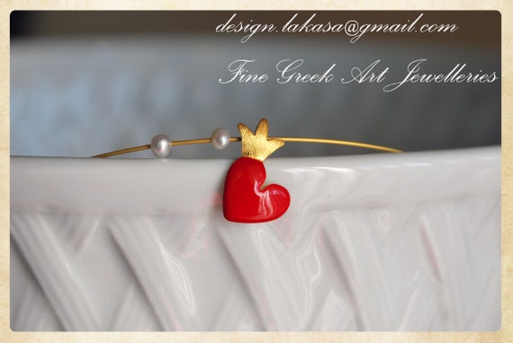 Necklace Red Enamel Heart Crown & Pearls Sterling Silver 925 Gold-plated Handmade Jewelry Best Ideas Gifts Valentine Love Girlfriend Woman