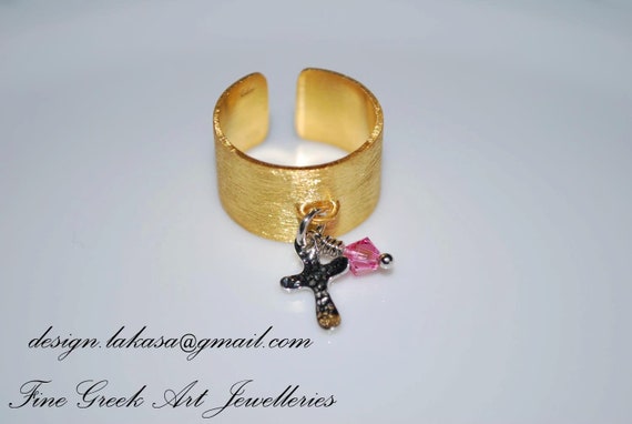 Ring Chevalier Sterling Silver 925 Gold-plated Cross Charm with Pink Swarovski Crystal Religious Jewelry Handmade Greek Art Woman Gift Ideas