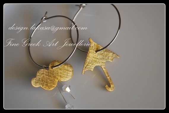 Umbrella Cloud Swarovski Crystals hoop earrings Sterling Silver Gold plated Handmade Jewelry Greek Art Best Gift Ideas for her Woman Girl