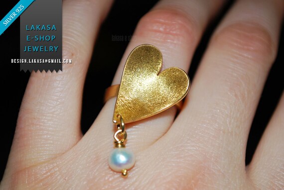 Heart Ring Freshwater Pearl Silver 925 Gold-plated Handmade Jewelry Valentine Love Mommy Anniversary Mother's Day Romantic Style Best Gifts