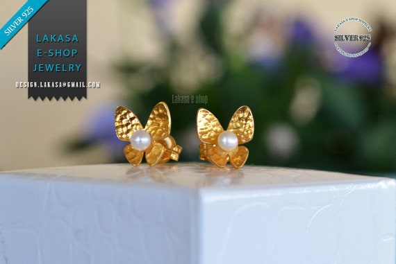 Butterfly Earrings Freshwater Pearls Silver 925 Gold-plated Handmade Jewelry Best Ideas Gifts Mother's Day for Her Birthday Anniversary