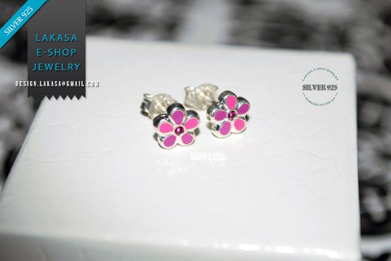 Purple Pink Enamel Flowers Studs Earrings Silver 925 Jewelry with Pink Zirconia Crystals lovely gift for her Woman Girls Collection