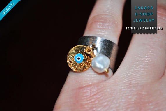 Chevalier Ring Enamel Blue Eye Freshwater Pearl Silver 925 Handmade Jewelry Midi Rings Anniversary Birthday Best Ideas Gifts Mother Woman