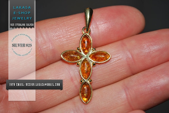 Cross Baltic Amber Silver 925 Gold-plated Jewelry Best Gift idea baptism birthday mother day Men Anniversary Woman Unisex Collection