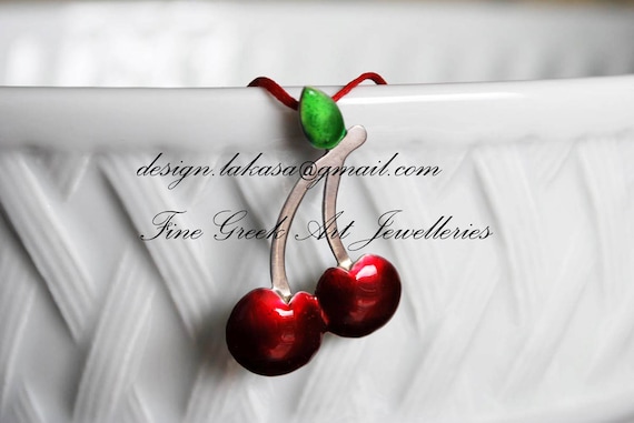 Red Enamel Cherries Necklace Sterling Silver Handmade Jewelry Fruit Juicy Girl Summer Collection Moda Pretty Woman Idea Mediterranean Greece