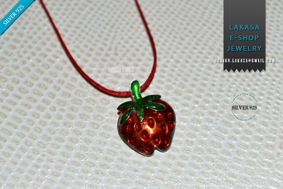 Enamel Strawberry Necklace Silver 925 white Gold-plated Handmade Jewelry Spring Summer Best Ideas Gifts Woman Girl Greek Art Lakasa Eshop