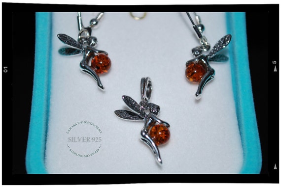 set earrings and pendant  fairy amber sterling silver jewelry lakasaeshop moda best gifts ideas for her birthday christmas woman best price