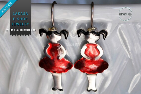 Red Enamel Girl little Princess Earrings Silver 925 white gold plated Jewelry Handmade quality fine greek art best ideas gifts woman