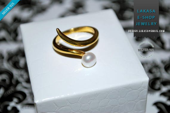 Freshwater Pearl Ring Silver 925 Gold-plated Handmade Jewelry Gift for her Woman Anniversary Cool Summer Look Bridal Greek Style Modern