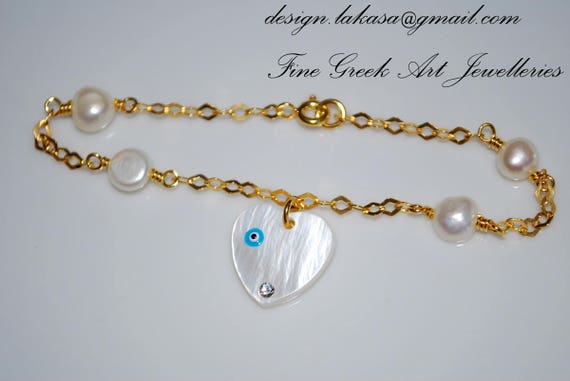 Bracelet Sterling Silver Gold-plated with 4 Pearls Fine Grek Art Handmade Jewelry Gift for friends Love Mother Mama Girl Birthday Friendship