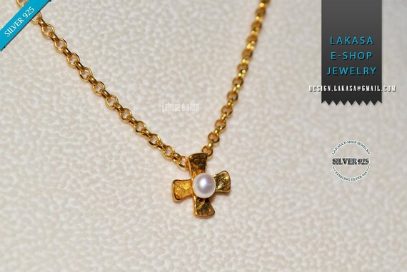 Cross Chain Necklace Silver 925 Gold-plated Handmade Jewelry with Freshwater Pearl Anniversary Birthday Best Ideas Gifts Mother's Day Woman