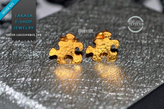 Puzzle Studs Earrings Silver 925 Gold-plated Lakasa Eshop Handmade Jewelry Love Girlfriend Best Gift Idea Anniversary Birthday Valentine Day