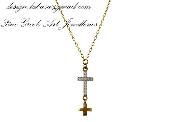 Double Cross Sterling Silver Gold plated Jewelry Necklace Chain Rhinestones Crystals Gift ideas Woman Birthday Newborn Baby Girl Boy Unisex