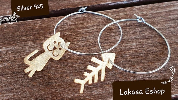 Fish & Cat hoop Earrings Silver 925 Gold-plated Handmade Jewelry Best Gift Ideas For Her Summer Look Marine Collection Funny Girl Birthday