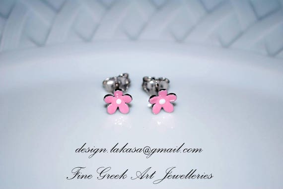 Pink Enamel Flower Stud Earrings Sterling Silver 925 white Gold plated Handmade Jewelry Baby Girl Moda Gift Kids Collection Floral Design