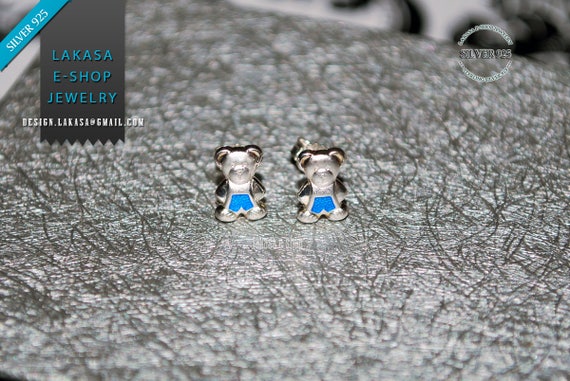 Teddy Bear Blue Enamel Studs Earrings Sterling Silver 925 Jewelry for Girls Moda Fun Color Best Gift ideas Cute Animal Birthday Kids Party