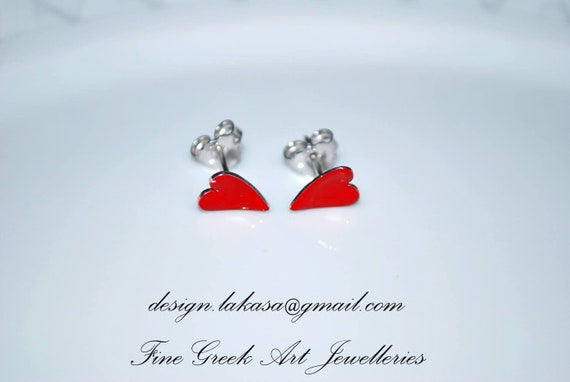 Hearts Red Enamel studs Earrings Sterling Silver 925 White Gold-plated Jewelry Best Ideas Gifts for her Birthday Anniversary Valentine Love