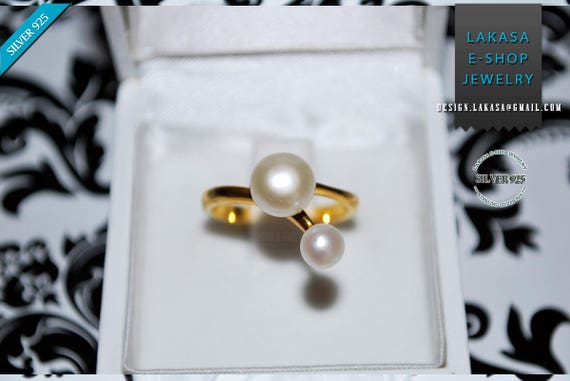 Double Freshwater Pearl Ring Silver 925 Gold-plated Handmade Jewelry Gift for her Anniversary Princess Valentine Love Bridal Modern Style