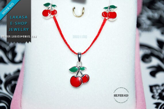 Best Price Set Jewelry Necklace Earrings Sweet Cherry Red Enamel Sterling Silver White Goldplated Girl School Moda Kids Collection OFFER