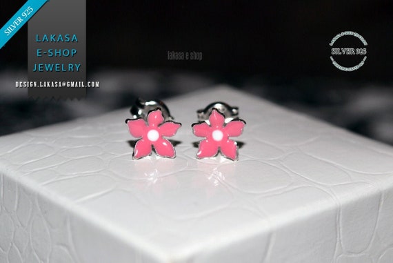 Pink Enamel Flower Studs Earrings Silver 925 white Gold-plated Handmade Jewelry