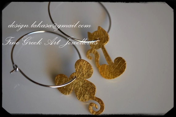 Cat Mouse Hoop Earrings Sterling Silver Gold plated Handmade Jewelry Fine Greek Art Best Gift Ideas for her Girlfriend cute Girl sweet Love