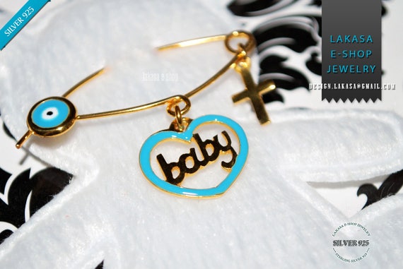 Blue Enamel Heart Baby Boy Brooch Silver 925 Gold-plated Handmade Jewelry Cross Eye Mommy HappyShowerDay Religious Baptism Newborn
