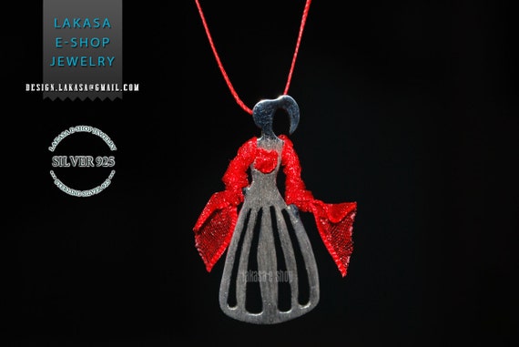 Woman Figure Princess Necklace Sterling Silver Handmade Jewelry Fine Greek Art Gift Flamingo Dance Espanol Spain Red Dress Princesa Regina