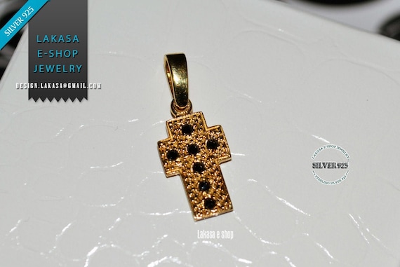 Religious Jewelry Cross Pendant Silver 925 Gold-plated with Black Zircons Stones Love Mother Shower Day Baptism Girl Boy Women Men Unisex