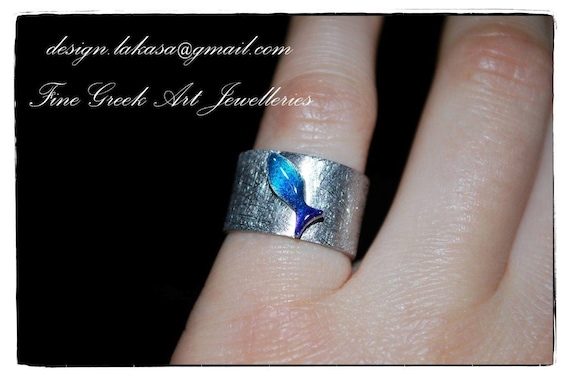 Chevalier Ring Blue Enamel Fish Silver 925 white Gold plated Handmade Jewelry Fine Greek Art Summer time Funny holidays Girlfriend Love