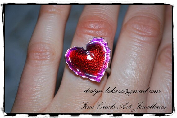 Ring Heart Red Enamel Silver 925 Handmade Jewelry Fine Greek Art Best Gift Ideas for her Birthday Anniversary Valentine day Mother Love